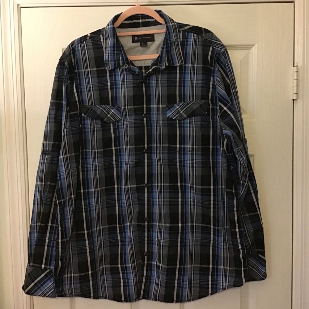 INC International Concept Snap Closure Blue Plaid Front Pockets Western Style XL